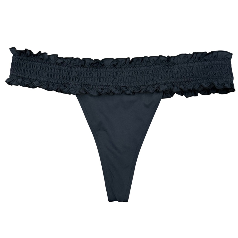 Frankies Bikinis Black Smocked Ruffle Thong Bikini Bottom Medium Low Rise Swim